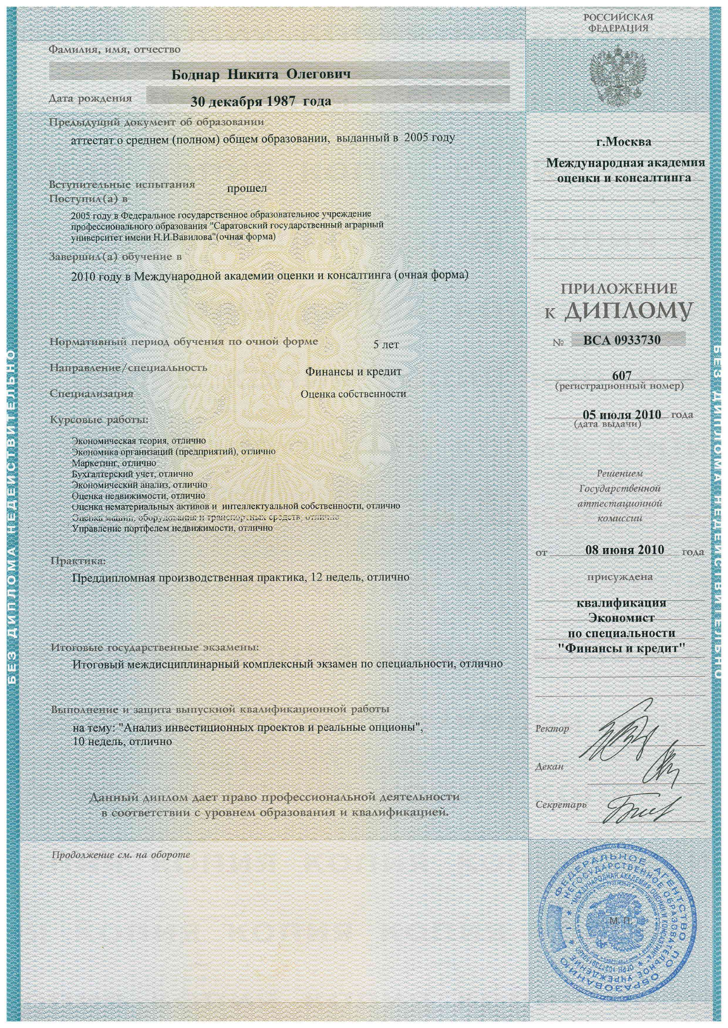Приложение к диплому Боднара Никиты Олеговича: Оценка собственности